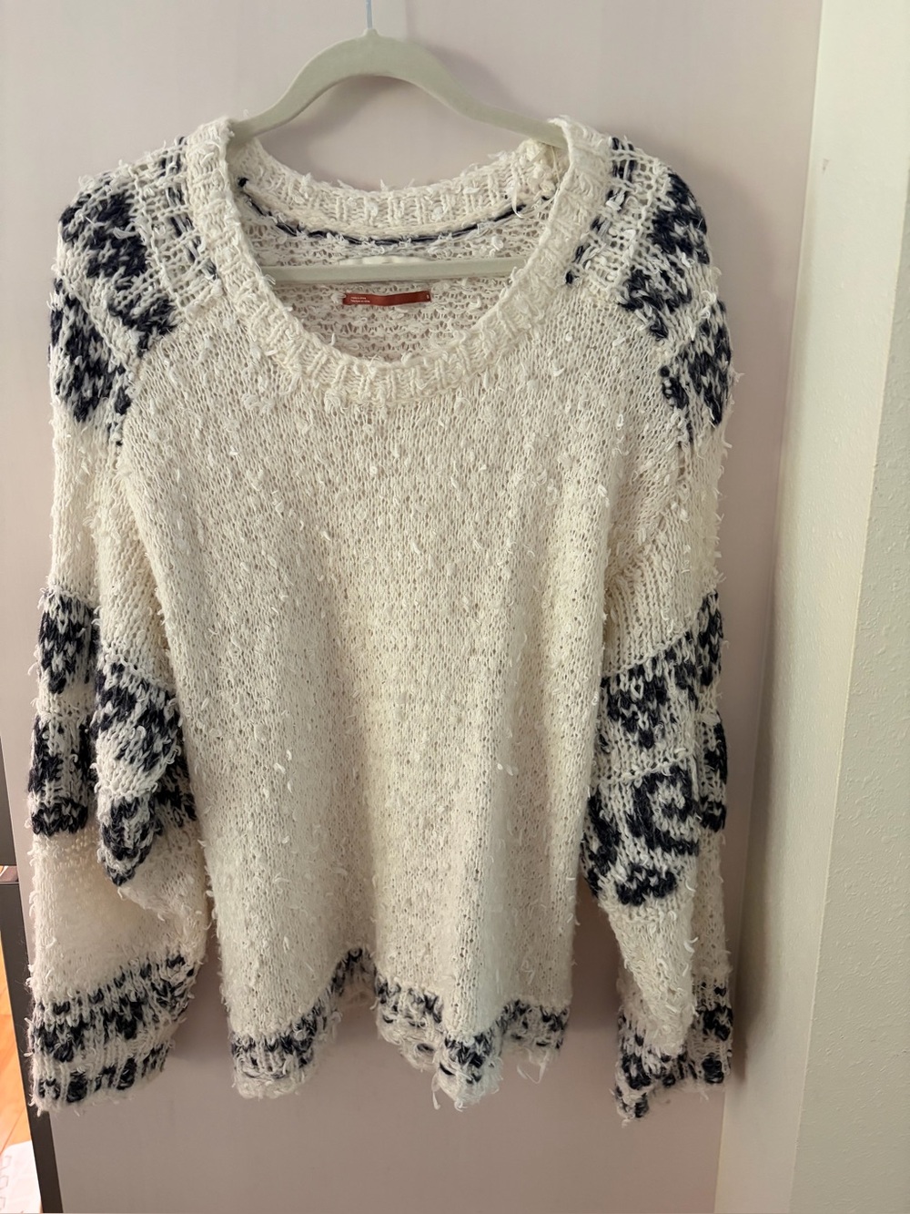 Anthropologie Pilcro Textured Cream Knit Sweater with Blue Patterned Accents